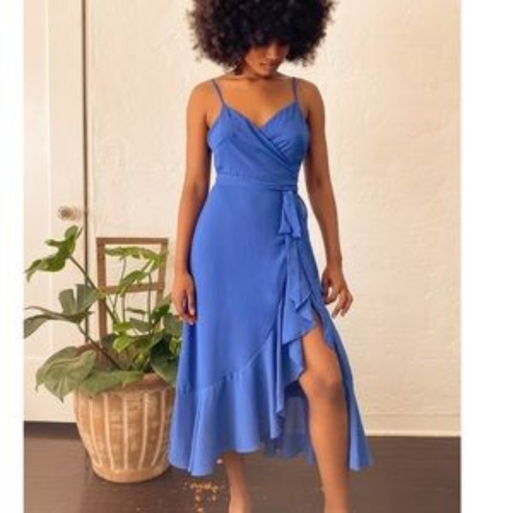 Lulus Manhattan Moment Blue Ruffle Midi Wrap Dress